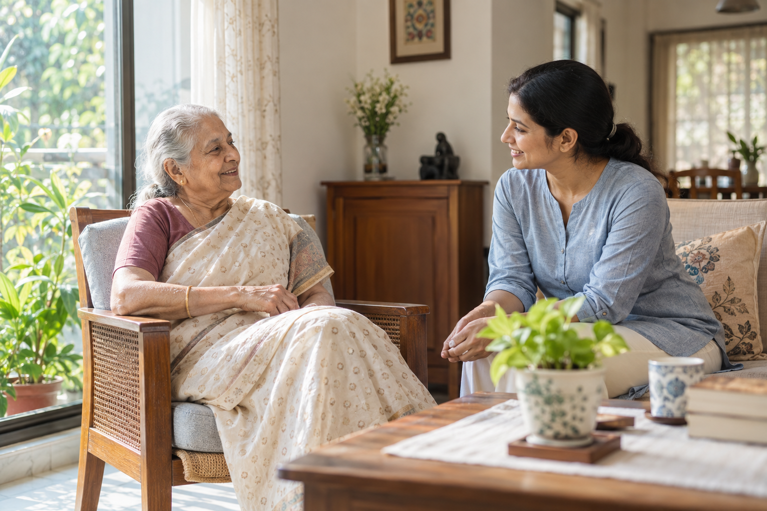 An older woman speaking warmly with a caregiver at home